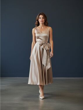 Custom Made Satin Formal Gown Champagne Blush Bow Dress Pockets XS